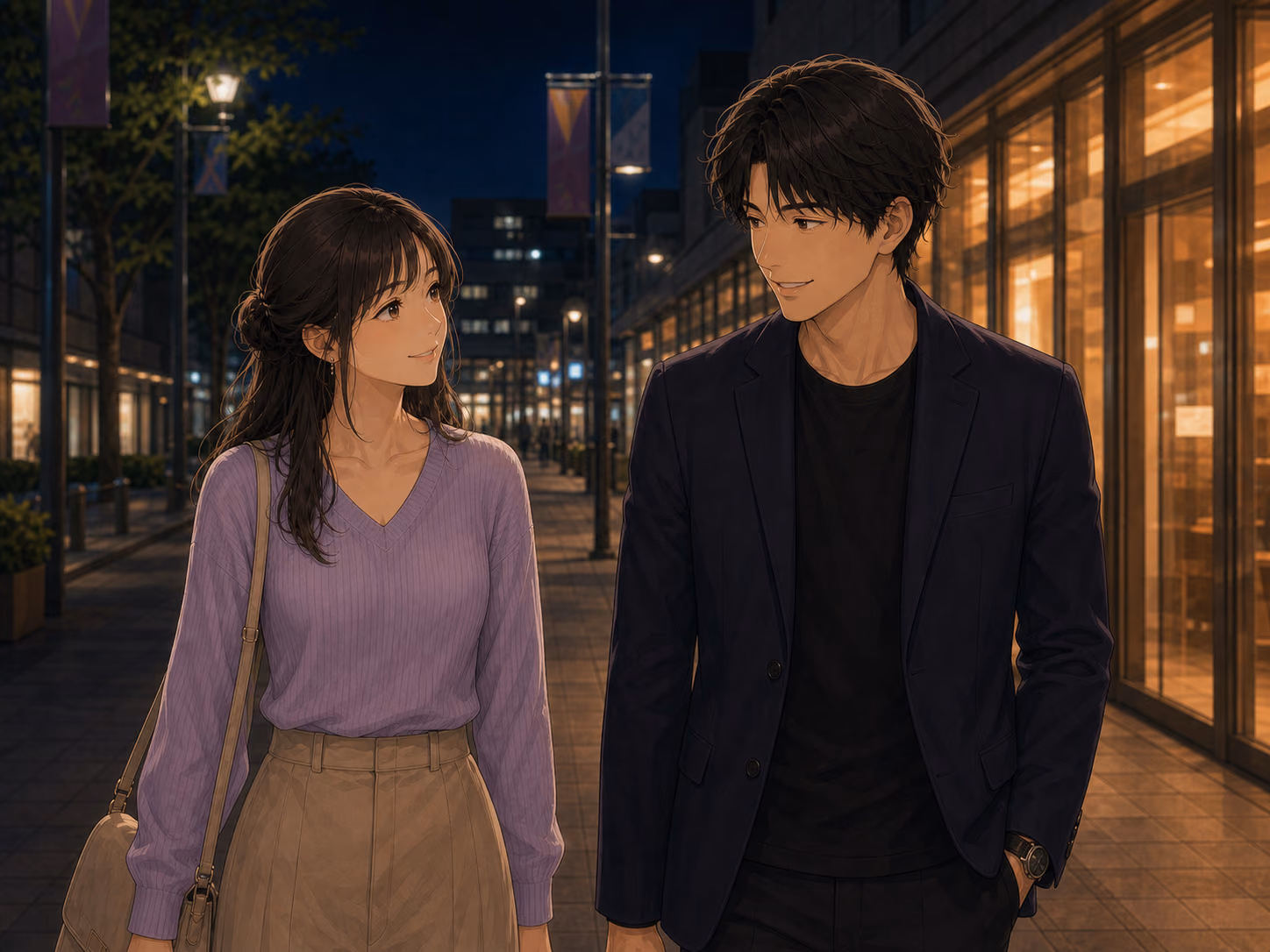 駅へ向かう夜道で、日曜日の雨と写真展の名前を重ね、互いの目を見て小さく笑う成人の二人