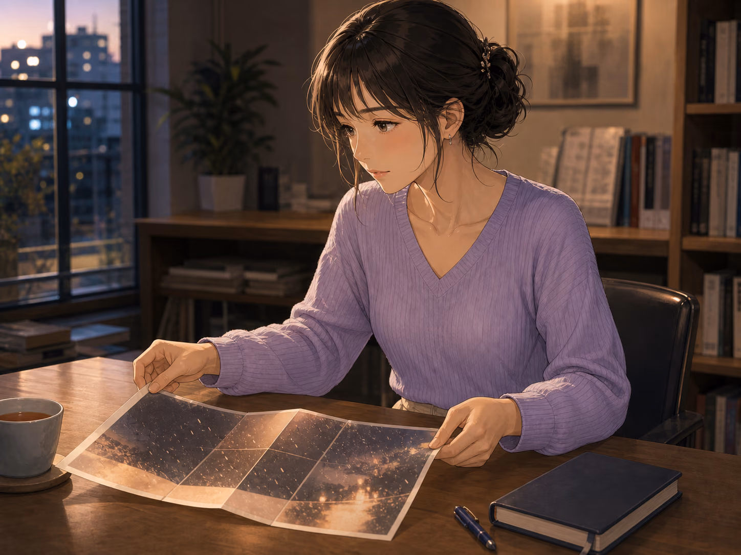 夕方の編集室で、写真展のチラシをもう一度開き、自分から誘うことを決める成人女性