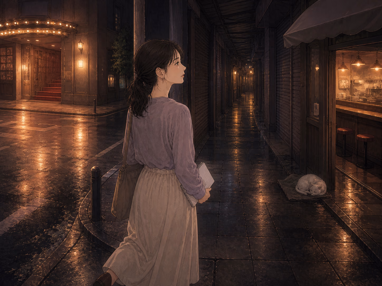 雨上がりの映画館を背に、白い猫が眠る細い商店街へ一人で曲がる成人女性