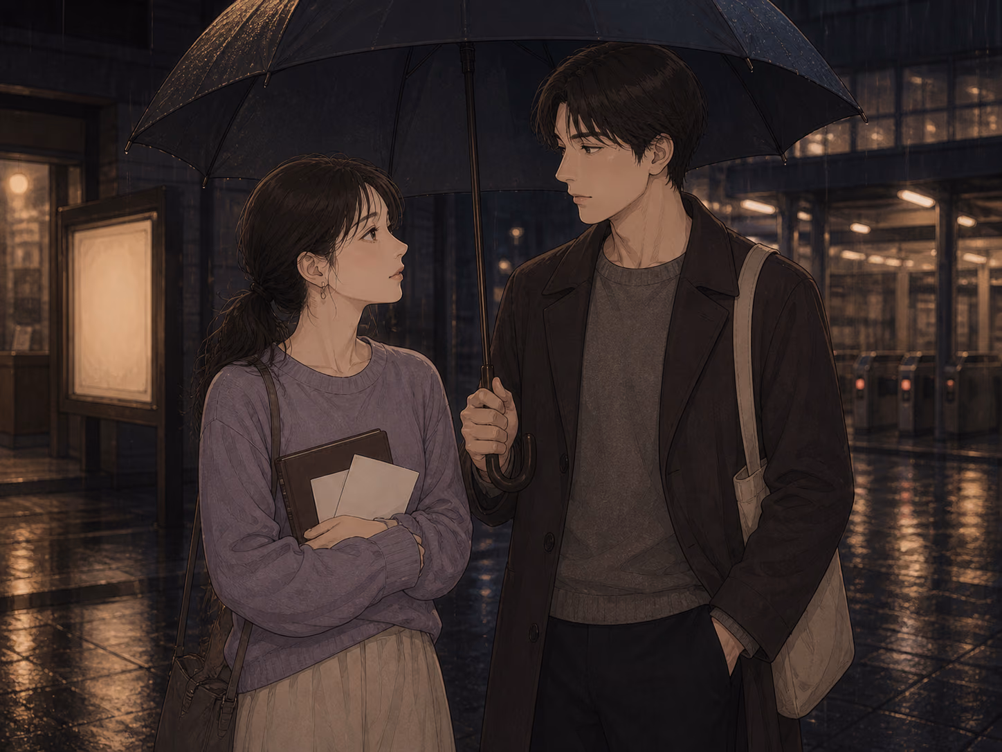 雨の駅前で一つの傘に入り、映画がない日にも会いたいという気持ちへ静かな答えを返す成人の二人