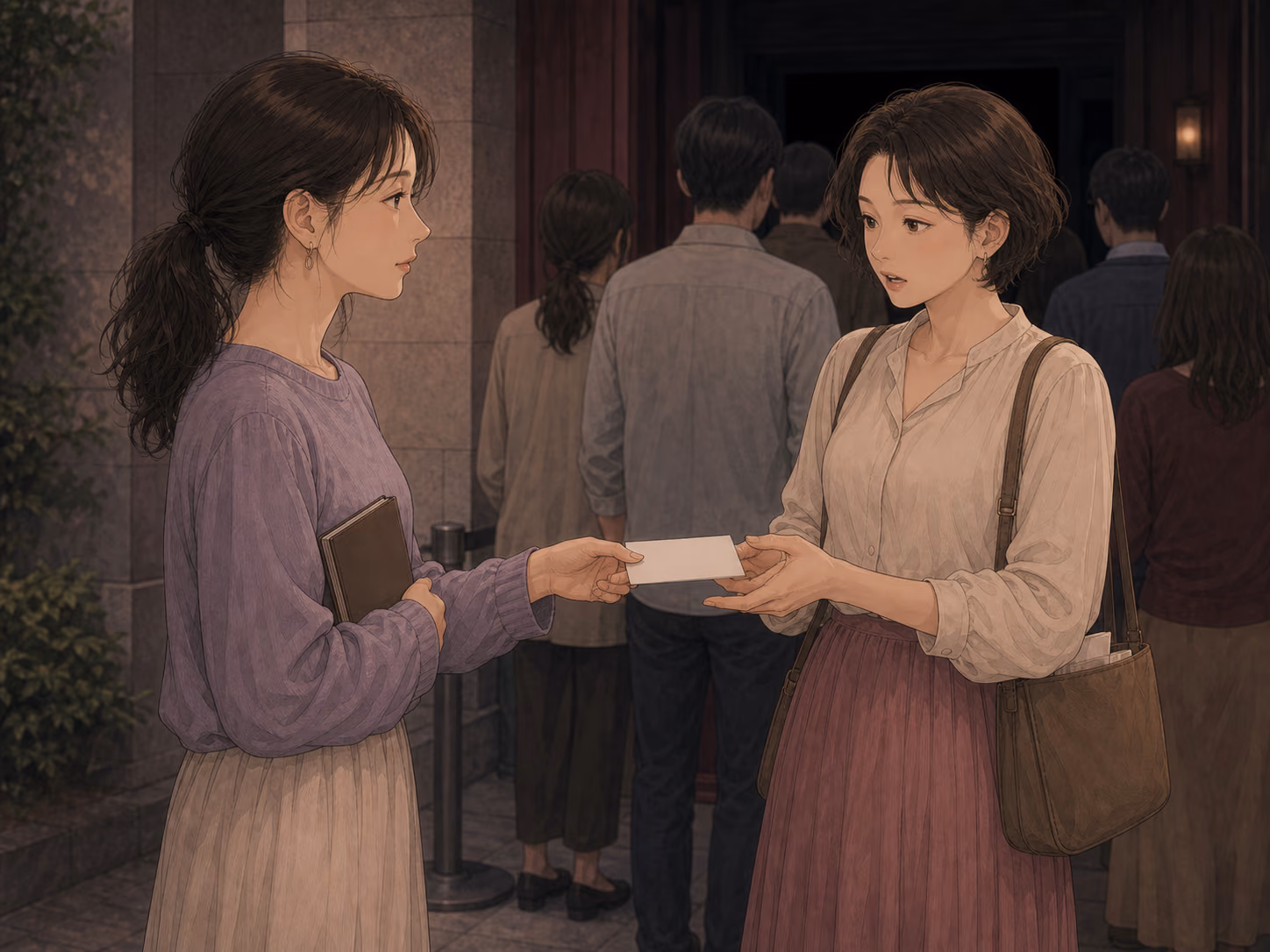 完売した映画館の入口で、成人女性が余った一枚の切符を一人で来た別の成人女性へ渡す場面
