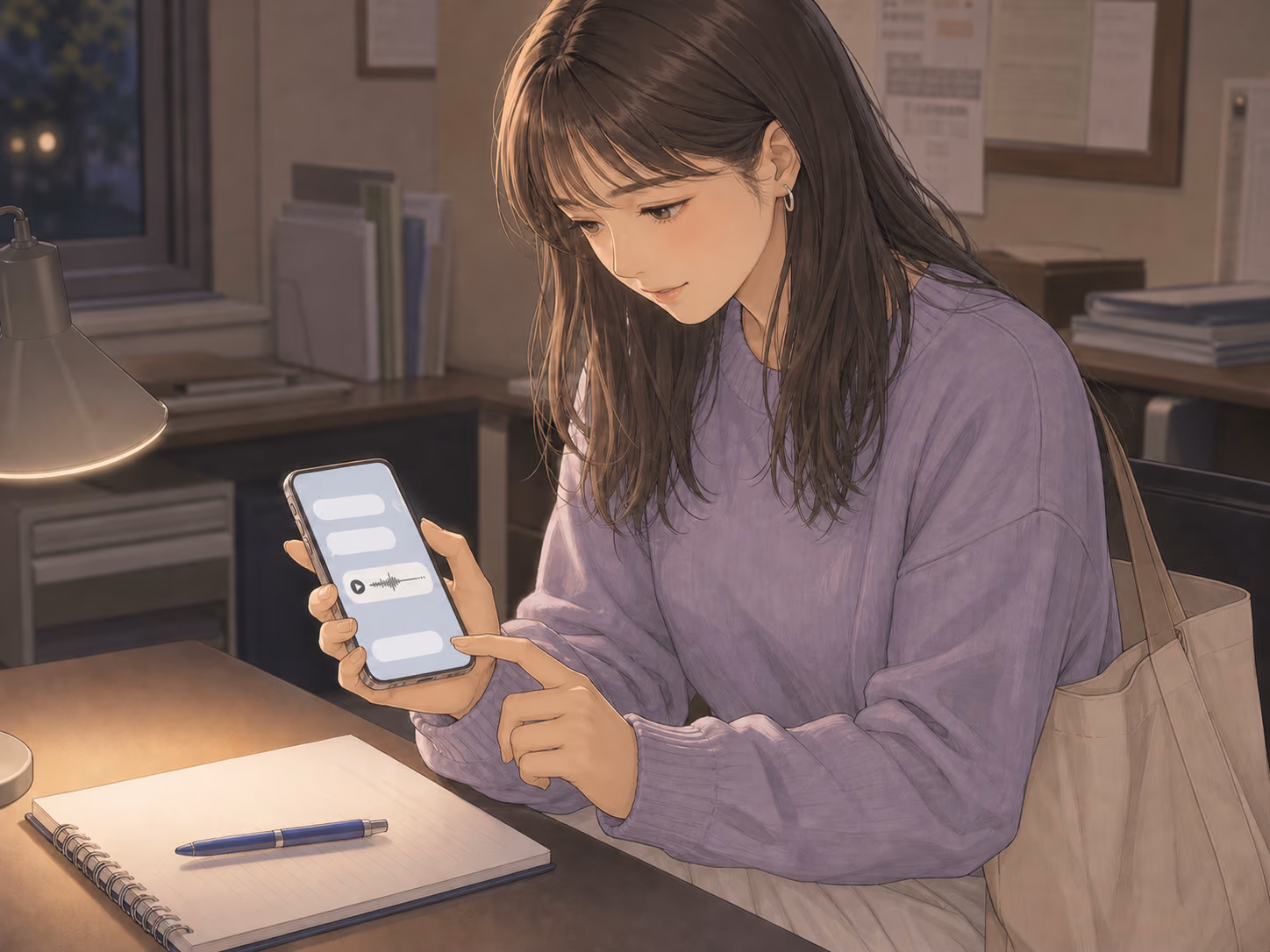 編集室の机で、四段目の一秒の録音を添えたスマートフォンの送信画面に指を伸ばす成人大学生