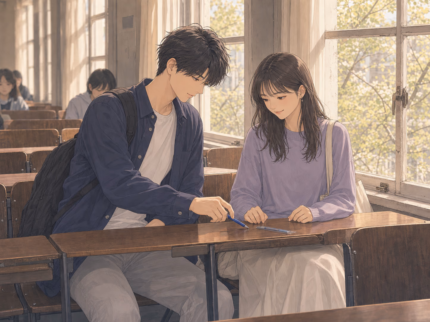 春の大学講義室の隣席で、成人の男子学生が借りた青いペンと新しい替え芯を成人の女子学生へ返す場面