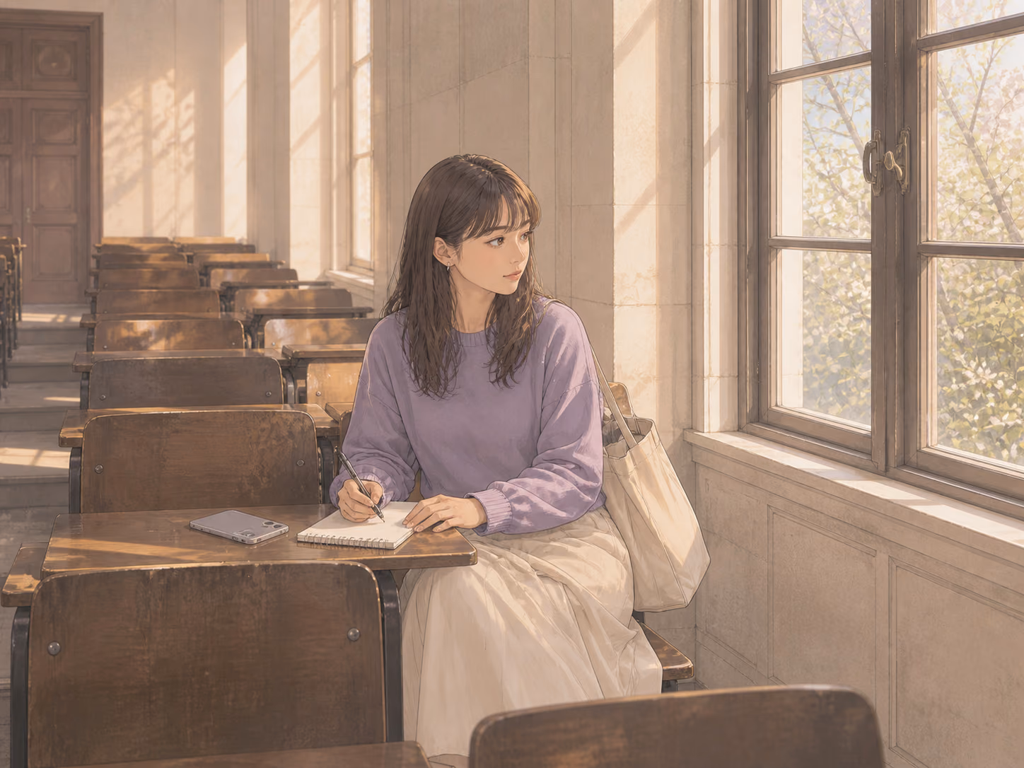 春の大学講義室で、いつも人がいる窓側の空席を見ながら一人でノートを取る成人の女子学生