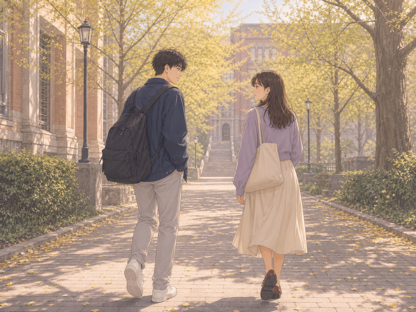 春の大学で、成人の男女学生が銀杏並木の遠回りを選び、少し距離を空けて並んで歩く後ろ姿