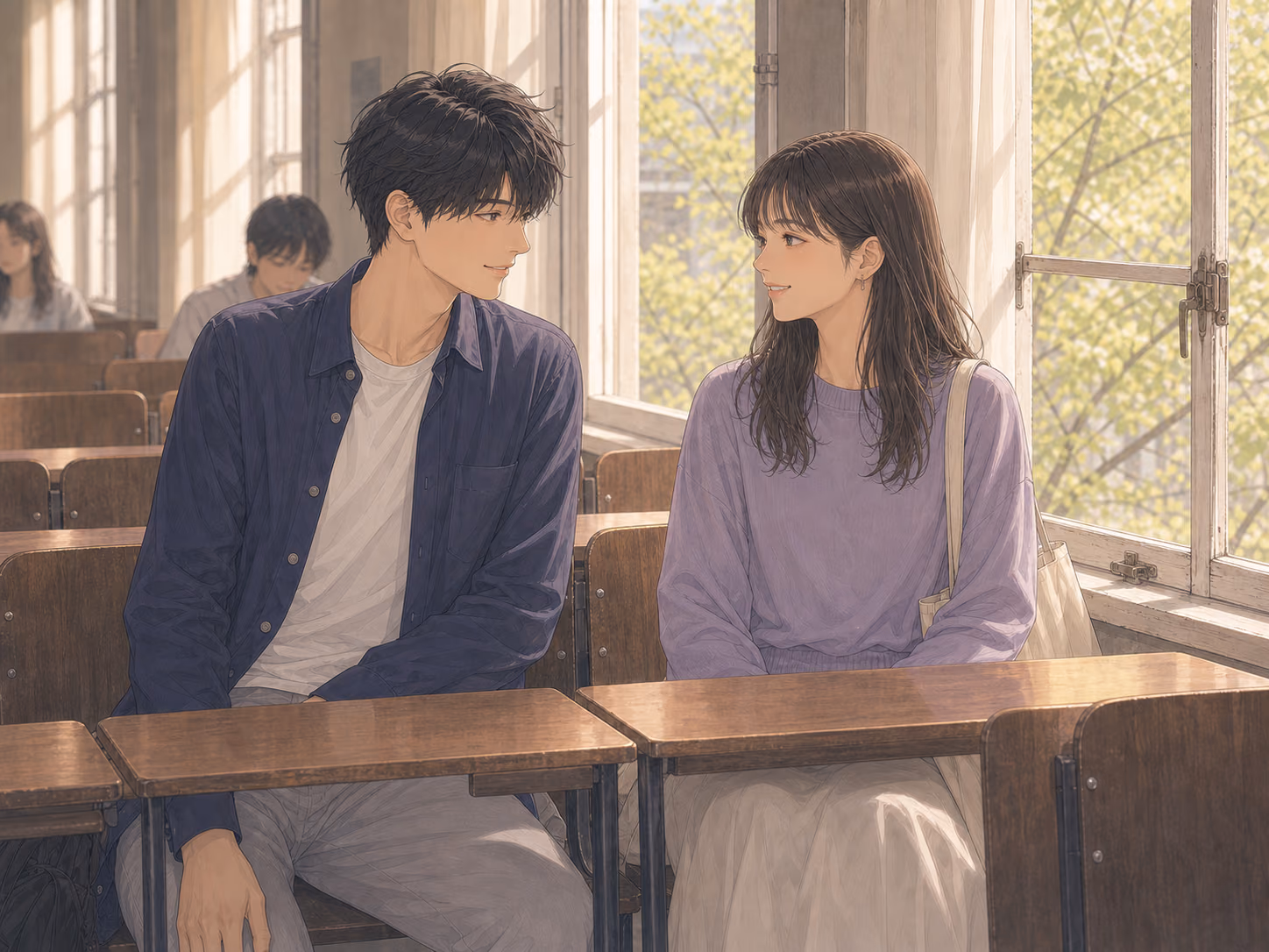 春の大学の窓側の席で、鞄を足元へ移した彼と相談者が、互いの目を見て小さく笑う場面