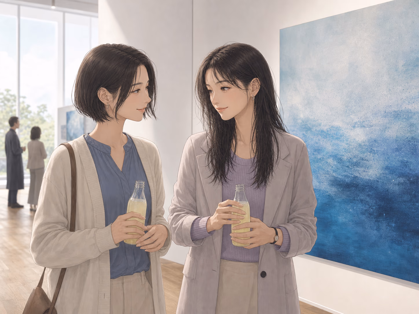 まだ決まっていない休日を空け続けず、友人と青い写真展を楽しむ成人女性の場面