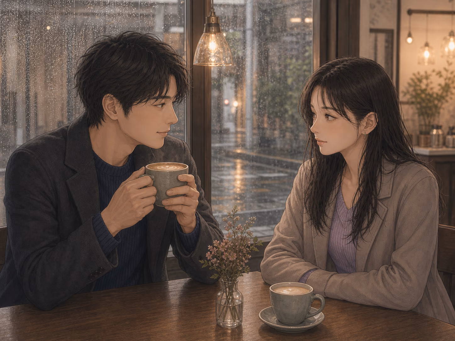 雨上がりの駅前カフェで、回復した蓮と紗季が温かい飲み物を前に静かに見つめ合う場面