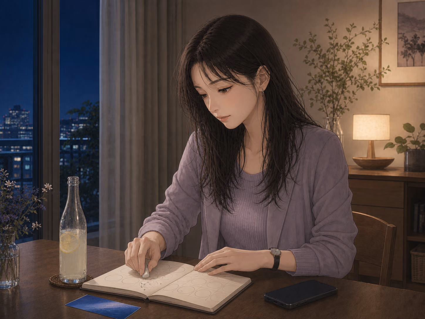 写真展から帰った夜、紗季が手帳の薄い丸を消し、自分の土曜日を静かに取り戻す場面