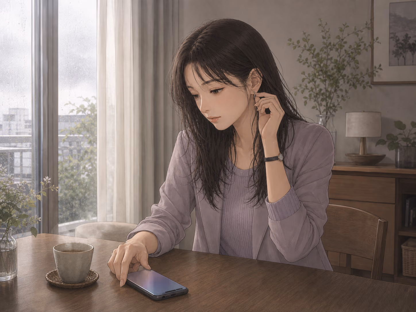 キャンセル直後に次の予定を迫らず、相手の回復を願ってスマートフォンを伏せる成人女性