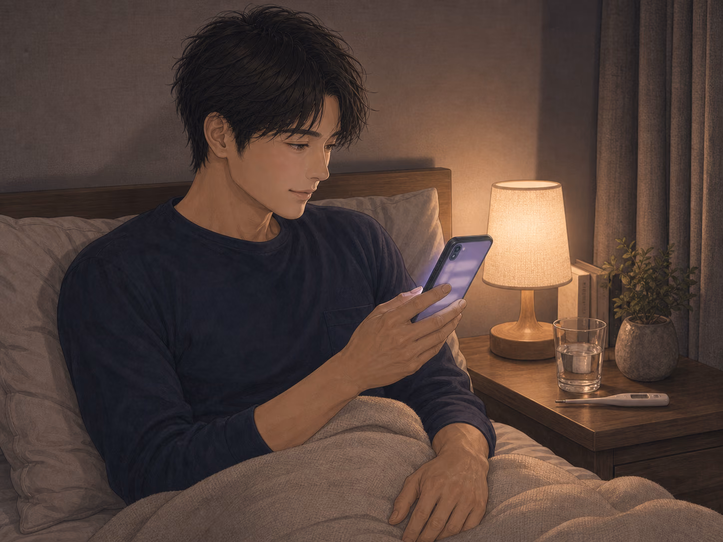 発熱から回復途中の蓮が、ベッドで紗季の気遣う連絡を読み、ほっと表情をゆるめる場面