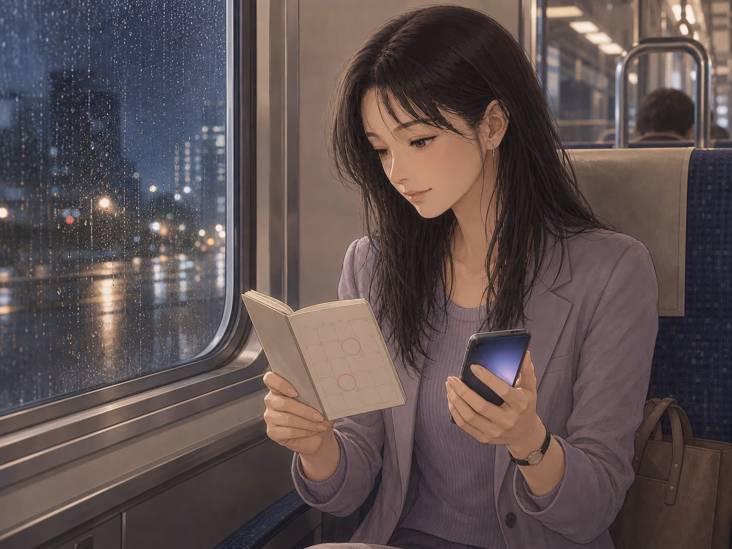 回復を確認した金曜の帰宅電車で、紗季が二つの候補日を手帳に開き、穏やかに連絡を送る場面